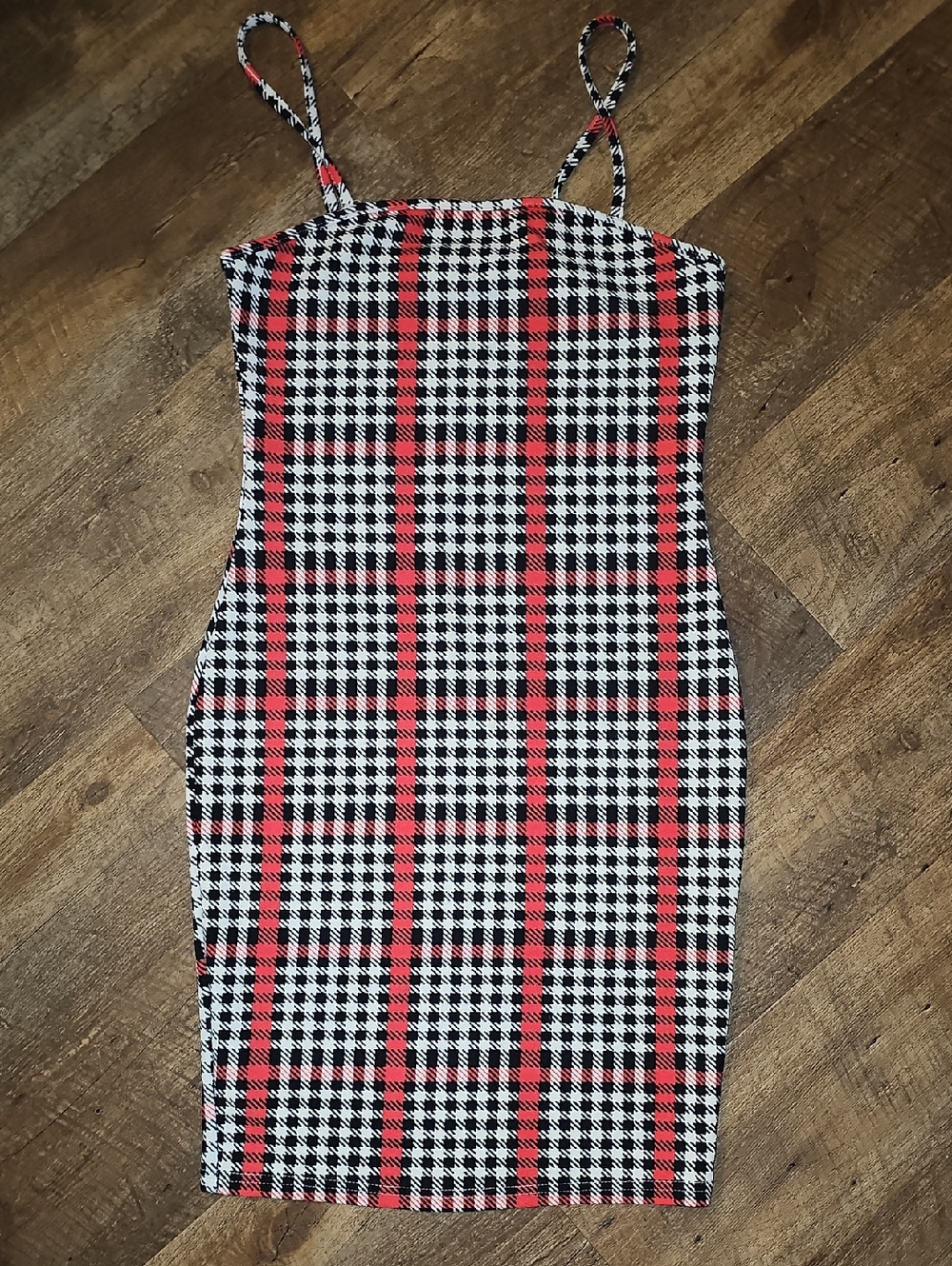 SHEIN Red, Black & White Plaid Spaghetti-Strap Midi Dress